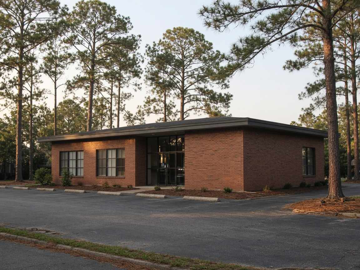 Single-story office building among pine trees